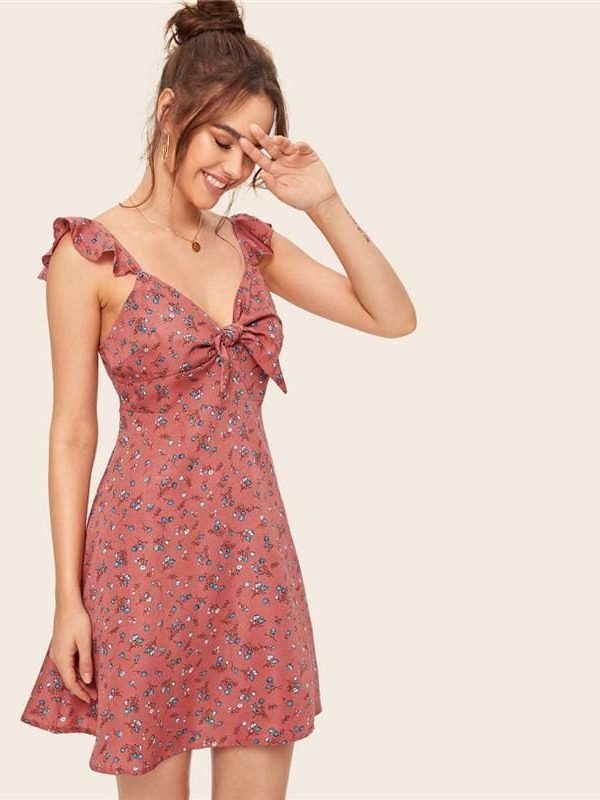 The Best Boho Ditsy Floral Knot Neck Ruffle Trim Summer Dress Online - Source Silk