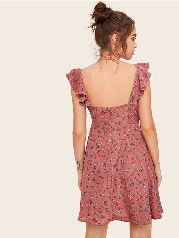 The Best Boho Ditsy Floral Knot Neck Ruffle Trim Summer Dress Online - Source Silk