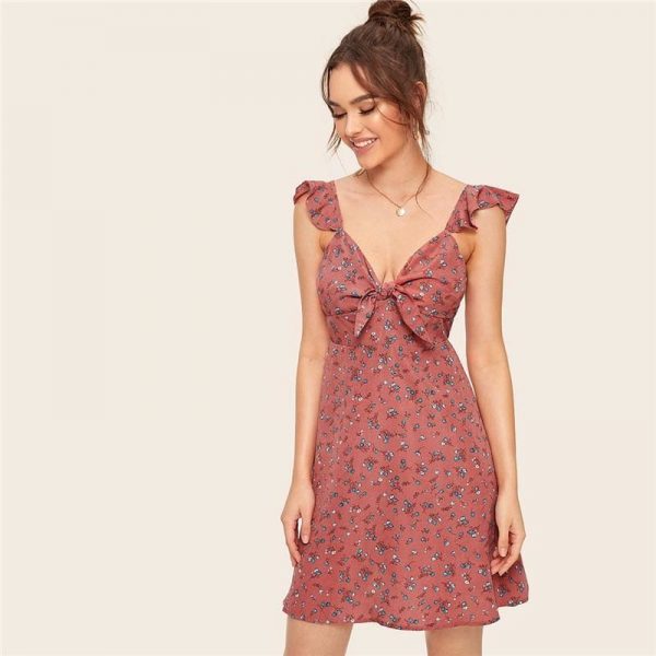 The Best Boho Ditsy Floral Knot Neck Ruffle Trim Summer Dress Online - Source Silk