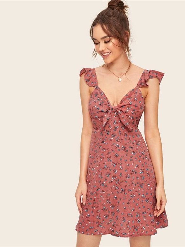 The Best Boho Ditsy Floral Knot Neck Ruffle Trim Summer Dress Online - Source Silk