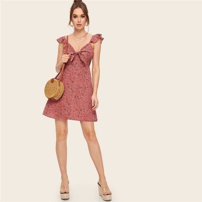 The Best Boho Ditsy Floral Knot Neck Ruffle Trim Summer Dress Online - Source Silk