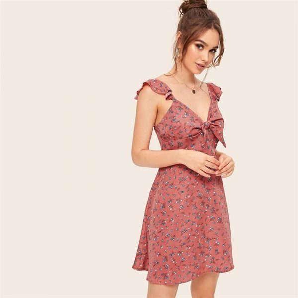 The Best Boho Ditsy Floral Knot Neck Ruffle Trim Summer Dress Online - Source Silk