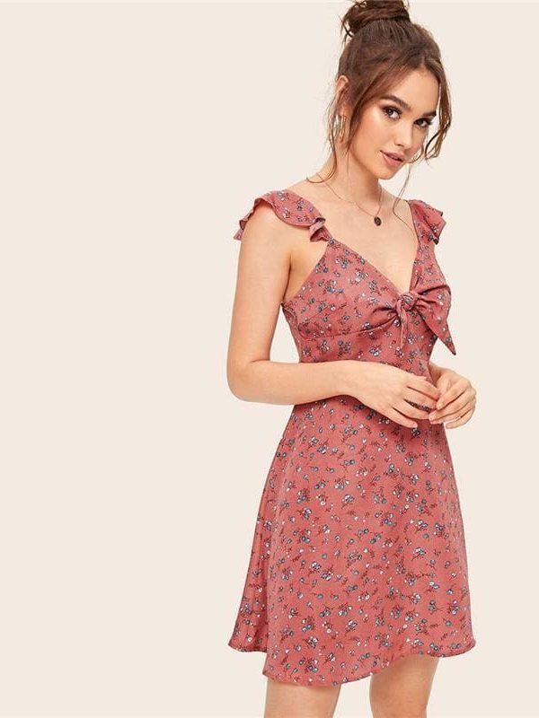 The Best Boho Ditsy Floral Knot Neck Ruffle Trim Summer Dress Online - Source Silk