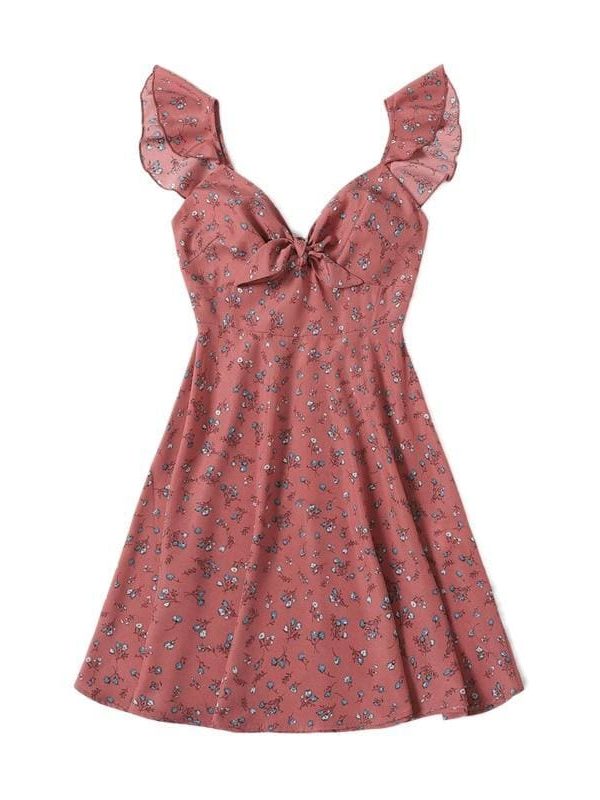 The Best Boho Ditsy Floral Knot Neck Ruffle Trim Summer Dress Online - Source Silk