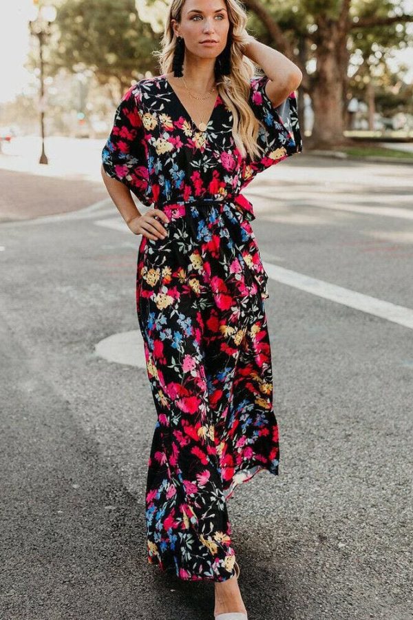 The Best Boho Floral Printed Long Maxi Dress Elegant Women Short Sleeve V-Neck Loose Dress Ladies Summer Party Beach Sundress Online - Takalr