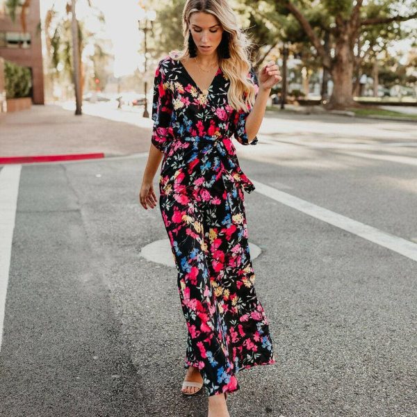 The Best Boho Floral Printed Long Maxi Dress Elegant Women Short Sleeve V-Neck Loose Dress Ladies Summer Party Beach Sundress Online - Takalr