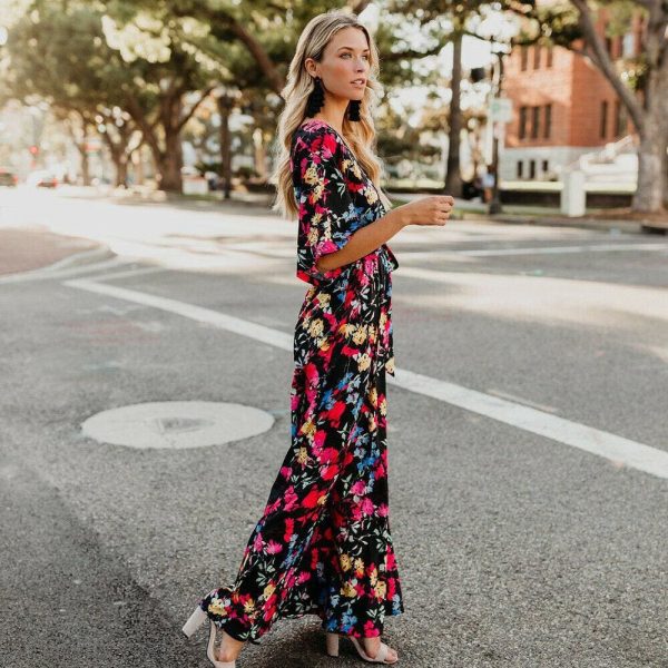 The Best Boho Floral Printed Long Maxi Dress Elegant Women Short Sleeve V-Neck Loose Dress Ladies Summer Party Beach Sundress Online - Takalr