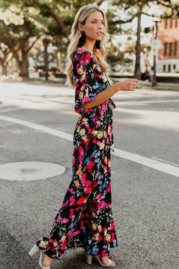 The Best Boho Floral Printed Long Maxi Dress Elegant Women Short Sleeve V-Neck Loose Dress Ladies Summer Party Beach Sundress Online - Takalr