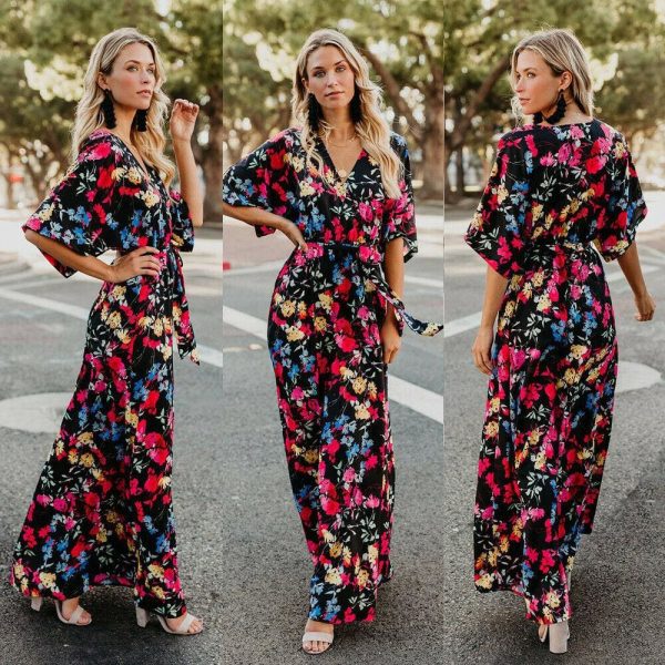 The Best Boho Floral Printed Long Maxi Dress Elegant Women Short Sleeve V-Neck Loose Dress Ladies Summer Party Beach Sundress Online - Takalr