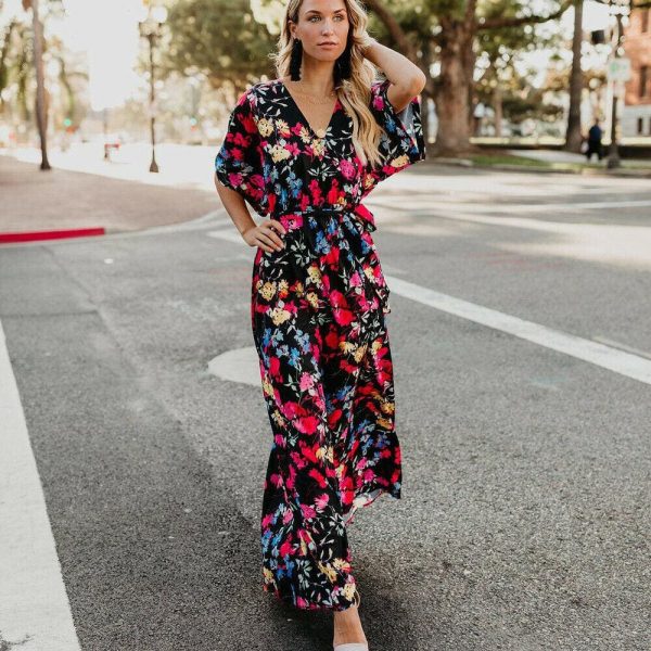 The Best Boho Floral Printed Long Maxi Dress Elegant Women Short Sleeve V-Neck Loose Dress Ladies Summer Party Beach Sundress Online - Takalr