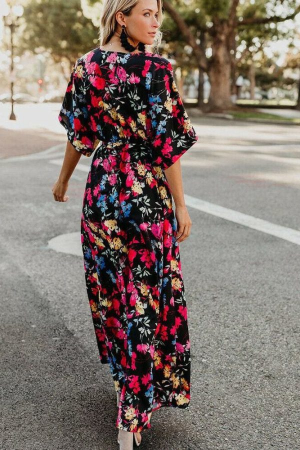 The Best Boho Floral Printed Long Maxi Dress Elegant Women Short Sleeve V-Neck Loose Dress Ladies Summer Party Beach Sundress Online - Takalr