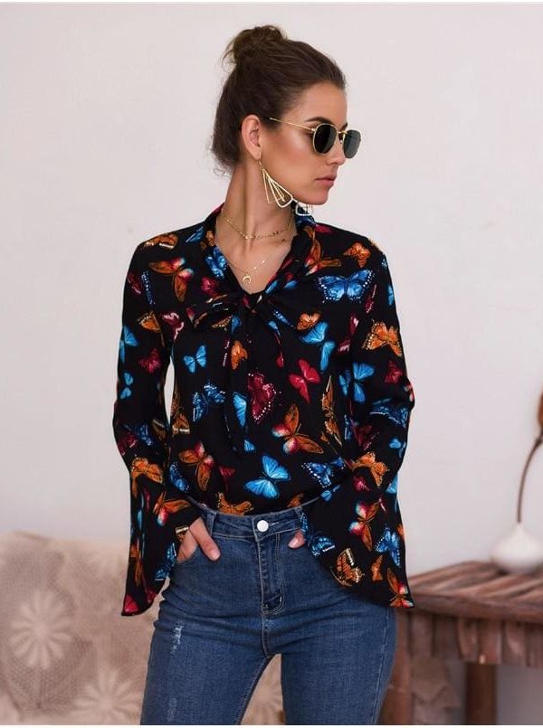 The Best Boho Holiday Women Tops Shirt Elegant Long Sleeve Floral Shirt Ladies Long Sleeve V Neck Loose T shirt Streetwear Online - Takalr