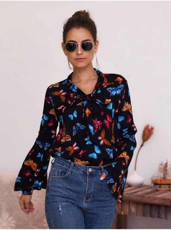 The Best Boho Holiday Women Tops Shirt Elegant Long Sleeve Floral Shirt Ladies Long Sleeve V Neck Loose T shirt Streetwear Online - Takalr