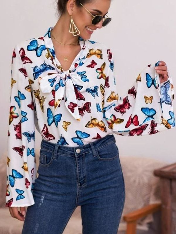 The Best Boho Holiday Women Tops Shirt Elegant Long Sleeve Floral Shirt Ladies Long Sleeve V Neck Loose T shirt Streetwear Online - Takalr