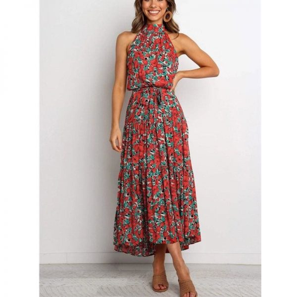 The Best Boho Maxi Floral Dress Summer Ladies Sleeveless Halter Neck Casual Holiday Party Long Flower Dress Online - Takalr