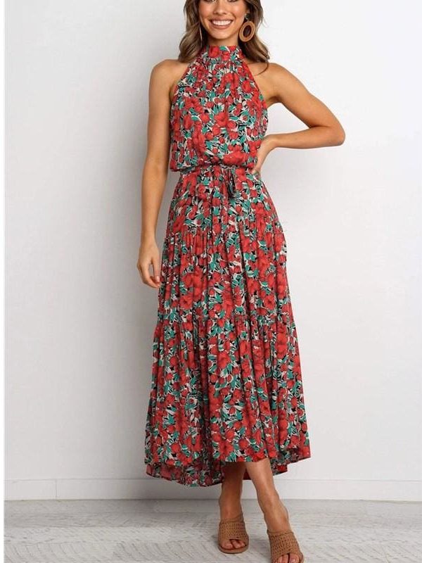 The Best Boho Maxi Floral Dress Summer Ladies Sleeveless Halter Neck Casual Holiday Party Long Flower Dress Online - Takalr