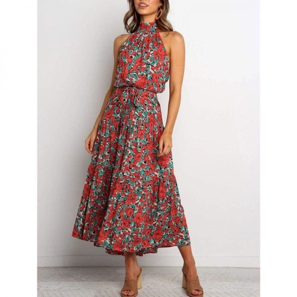 The Best Boho Maxi Floral Dress Summer Ladies Sleeveless Halter Neck Casual Holiday Party Long Flower Dress Online - Takalr