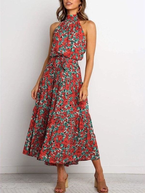 The Best Boho Maxi Floral Dress Summer Ladies Sleeveless Halter Neck Casual Holiday Party Long Flower Dress Online - Takalr