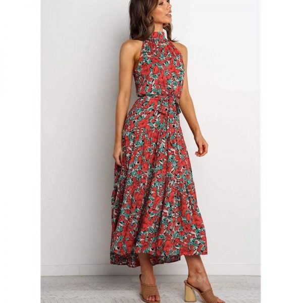 The Best Boho Maxi Floral Dress Summer Ladies Sleeveless Halter Neck Casual Holiday Party Long Flower Dress Online - Takalr