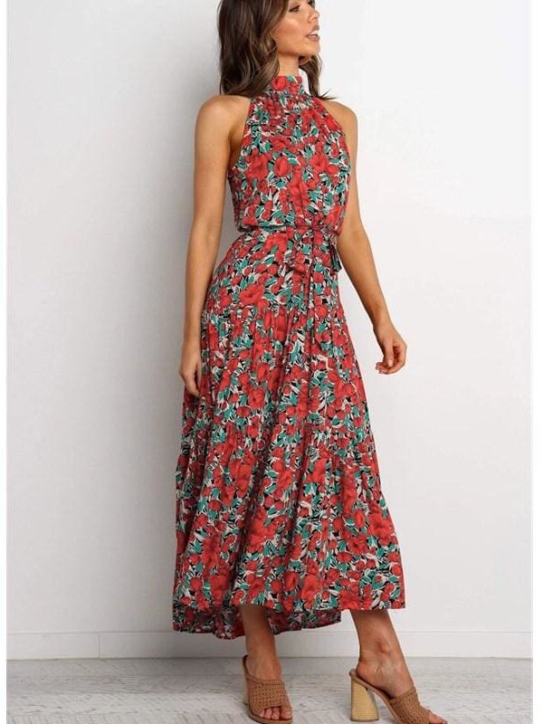 The Best Boho Maxi Floral Dress Summer Ladies Sleeveless Halter Neck Casual Holiday Party Long Flower Dress Online - Takalr