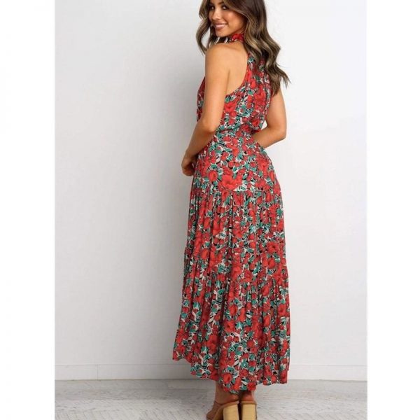 The Best Boho Maxi Floral Dress Summer Ladies Sleeveless Halter Neck Casual Holiday Party Long Flower Dress Online - Takalr