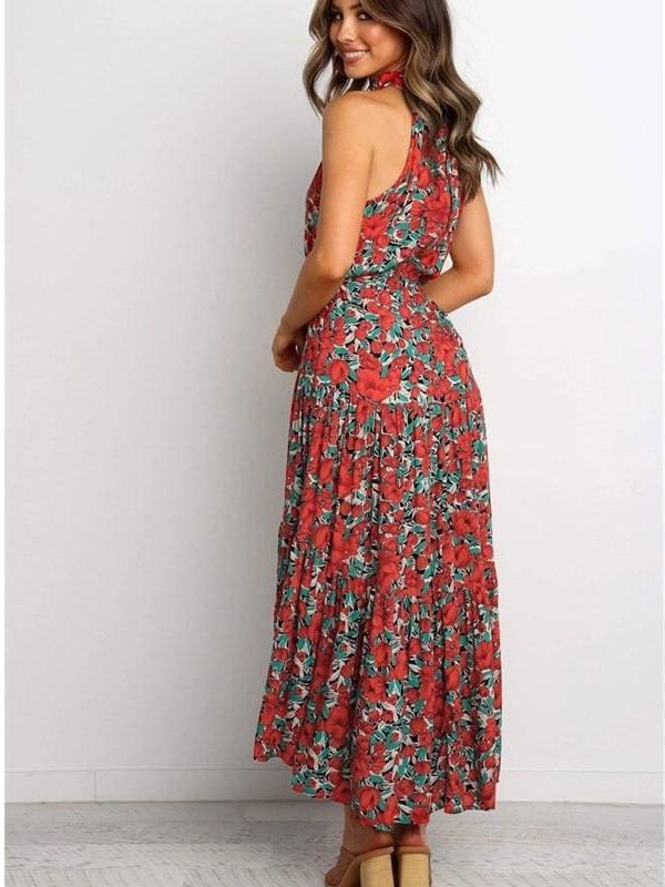 The Best Boho Maxi Floral Dress Summer Ladies Sleeveless Halter Neck Casual Holiday Party Long Flower Dress Online - Takalr