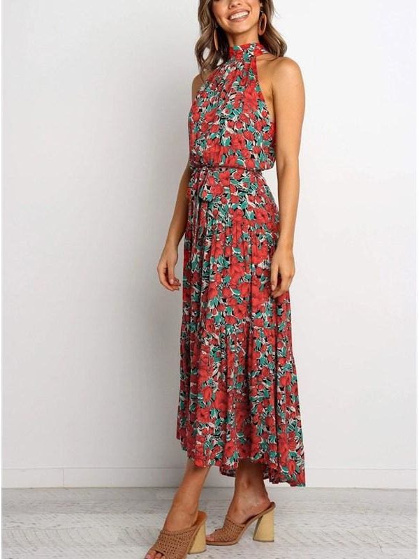 The Best Boho Maxi Floral Dress Summer Ladies Sleeveless Halter Neck Casual Holiday Party Long Flower Dress Online - Takalr