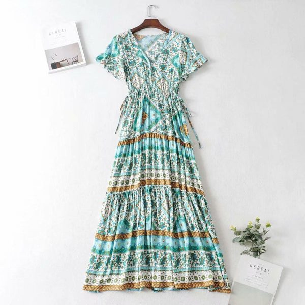 The Best Boho Print Slinky Dress Ladies Expansion Skirt Lace-Up V-neck One-Piece Dress Short Sleeve Tight Dress Online - Takalr