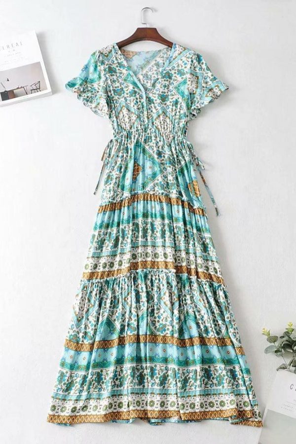 The Best Boho Print Slinky Dress Ladies Expansion Skirt Lace-Up V-neck One-Piece Dress Short Sleeve Tight Dress Online - Takalr