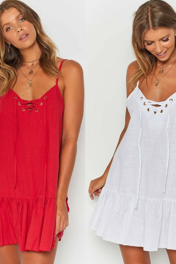 The Best Boho Solid Sleeveless Mini Dress Ladies Beach Holiday Loose Dress Online - Takalr