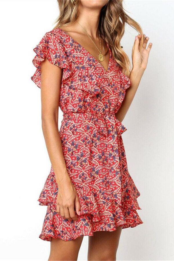 The Best Boho Women Ladies Summer Beach Mini Dress Fashion Floral Holiday V Neck Ruffle Sundress Casual Clothing New Online - Takalr