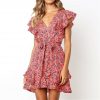 The Best Boho Women Ladies Summer Beach Mini Dress Fashion Floral Holiday V Neck Ruffle Sundress Casual Clothing New Online - Takalr