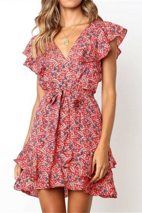 The Best Boho Women Ladies Summer Beach Mini Dress Fashion Floral Holiday V Neck Ruffle Sundress Casual Clothing New Online - Takalr