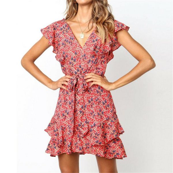 The Best Boho Women Ladies Summer Beach Mini Dress Fashion Floral Holiday V Neck Ruffle Sundress Casual Clothing New Online - Takalr