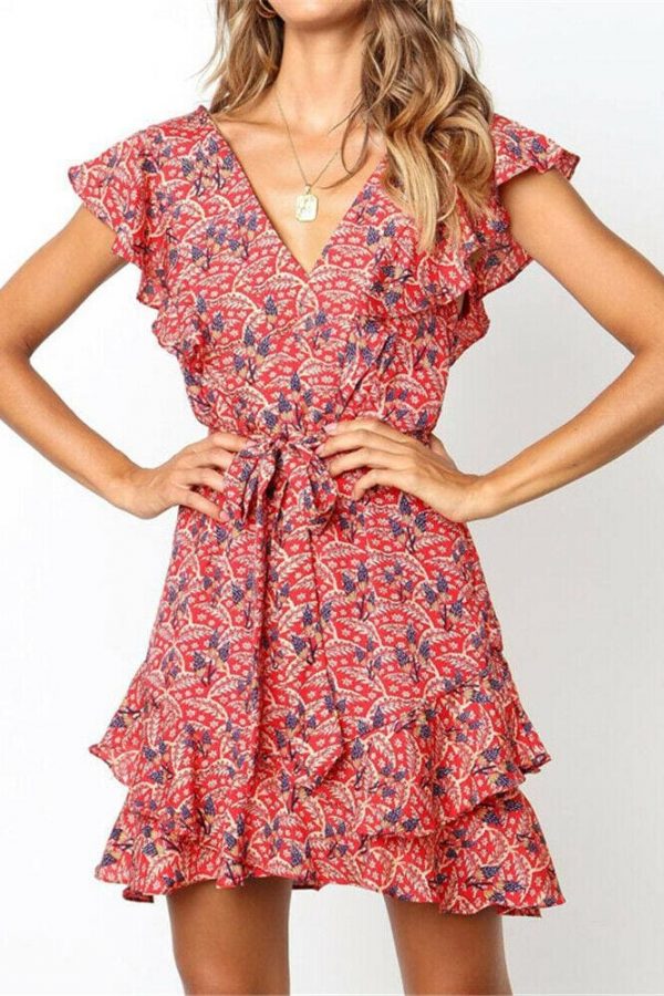 The Best Boho Women Ladies Summer Beach Mini Dress Fashion Floral Holiday V Neck Ruffle Sundress Casual Clothing New Online - Takalr