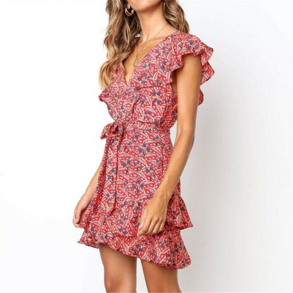 The Best Boho Women Ladies Summer Beach Mini Dress Fashion Floral Holiday V Neck Ruffle Sundress Casual Clothing New Online - Takalr