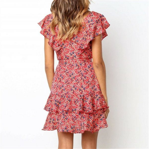 The Best Boho Women Ladies Summer Beach Mini Dress Fashion Floral Holiday V Neck Ruffle Sundress Casual Clothing New Online - Takalr