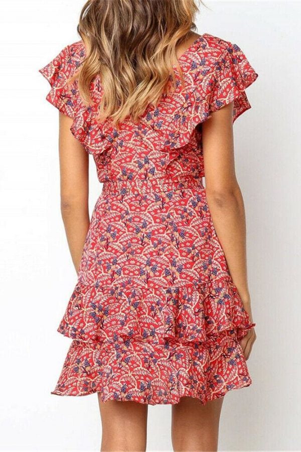 The Best Boho Women Ladies Summer Beach Mini Dress Fashion Floral Holiday V Neck Ruffle Sundress Casual Clothing New Online - Takalr