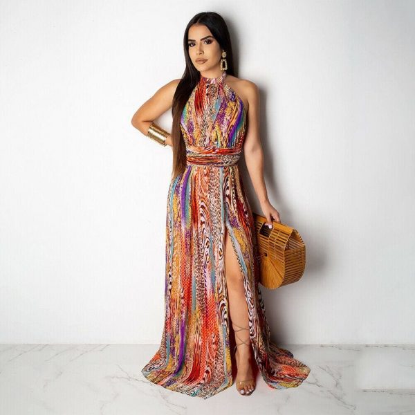 The Best Boho Women Maxi Dress Ladies Casual Sleeveless Halter Neck Floral Fashion Summer Beach Party Long Sundress Online - Takalr