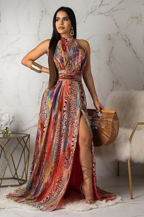 The Best Boho Women Maxi Dress Ladies Casual Sleeveless Halter Neck Floral Fashion Summer Beach Party Long Sundress Online - Takalr