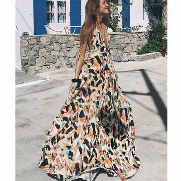 The Best Boho Women Sleeveless Halter V Neck Floral Sundress Ladies Summer Beach Holiday Strappy Backless Maxi Dress Online - Takalr