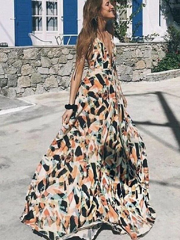 The Best Boho Women Sleeveless Halter V Neck Floral Sundress Ladies Summer Beach Holiday Strappy Backless Maxi Dress Online - Takalr