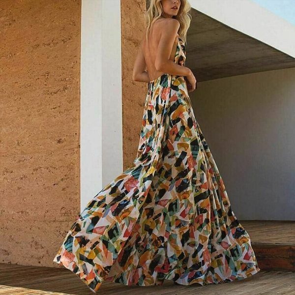 The Best Boho Women Sleeveless Halter V Neck Floral Sundress Ladies Summer Beach Holiday Strappy Backless Maxi Dress Online - Takalr