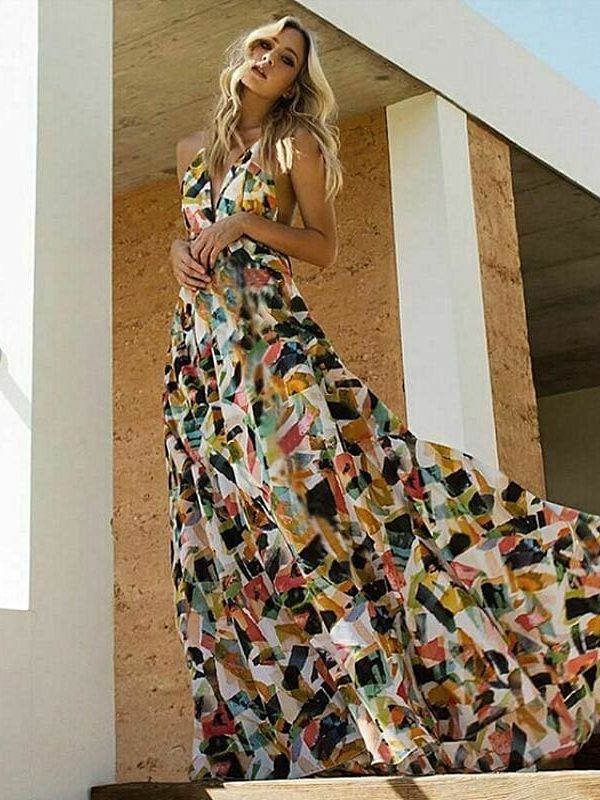 The Best Boho Women Sleeveless Halter V Neck Floral Sundress Ladies Summer Beach Holiday Strappy Backless Maxi Dress Online - Takalr