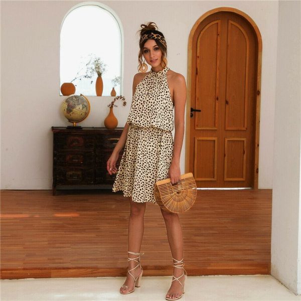 The Best Boho Women Summer Holiday Polka Dot Mini Dress Ladies Casual Halter Neck Sleeveless Loose Summer Beach Sundress Online - Takalr