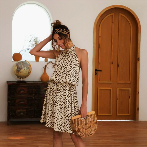 The Best Boho Women Summer Holiday Polka Dot Mini Dress Ladies Casual Halter Neck Sleeveless Loose Summer Beach Sundress Online - Takalr