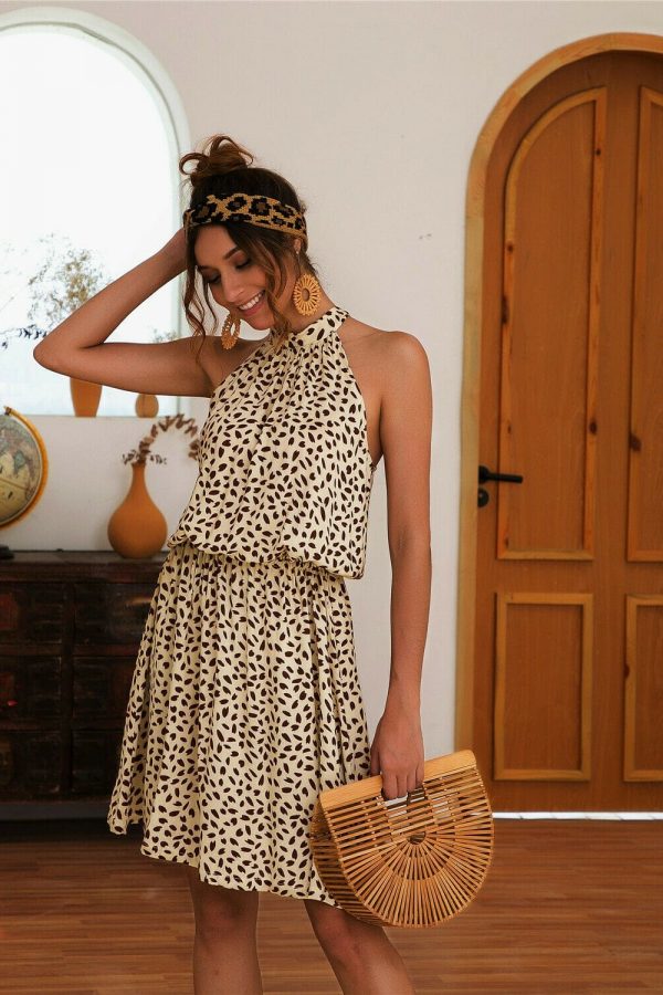 The Best Boho Women Summer Holiday Polka Dot Mini Dress Ladies Casual Halter Neck Sleeveless Loose Summer Beach Sundress Online - Takalr