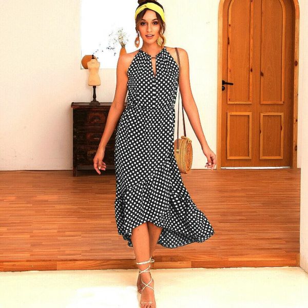 The Best Boho Women Summer Holiday Polka Dot Ruffle Dress Fashion Ladies Sleeveless Halter Neck Casual Dress Sundress Online - Takalr