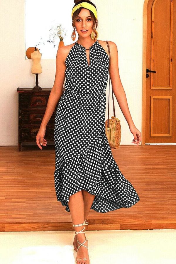 The Best Boho Women Summer Holiday Polka Dot Ruffle Dress Fashion Ladies Sleeveless Halter Neck Casual Dress Sundress Online - Takalr