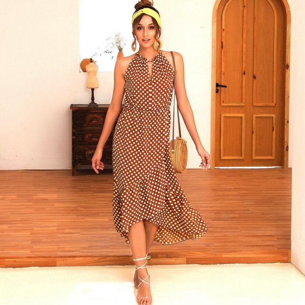 The Best Boho Women Summer Holiday Polka Dot Ruffle Dress Fashion Ladies Sleeveless Halter Neck Casual Dress Sundress Online - Takalr